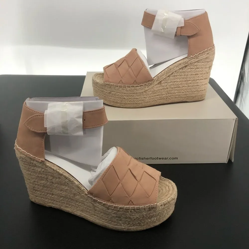 Marc Fisher Adalla Basketweave Suede Light Pink Platform Wedge Espadrille Sandal